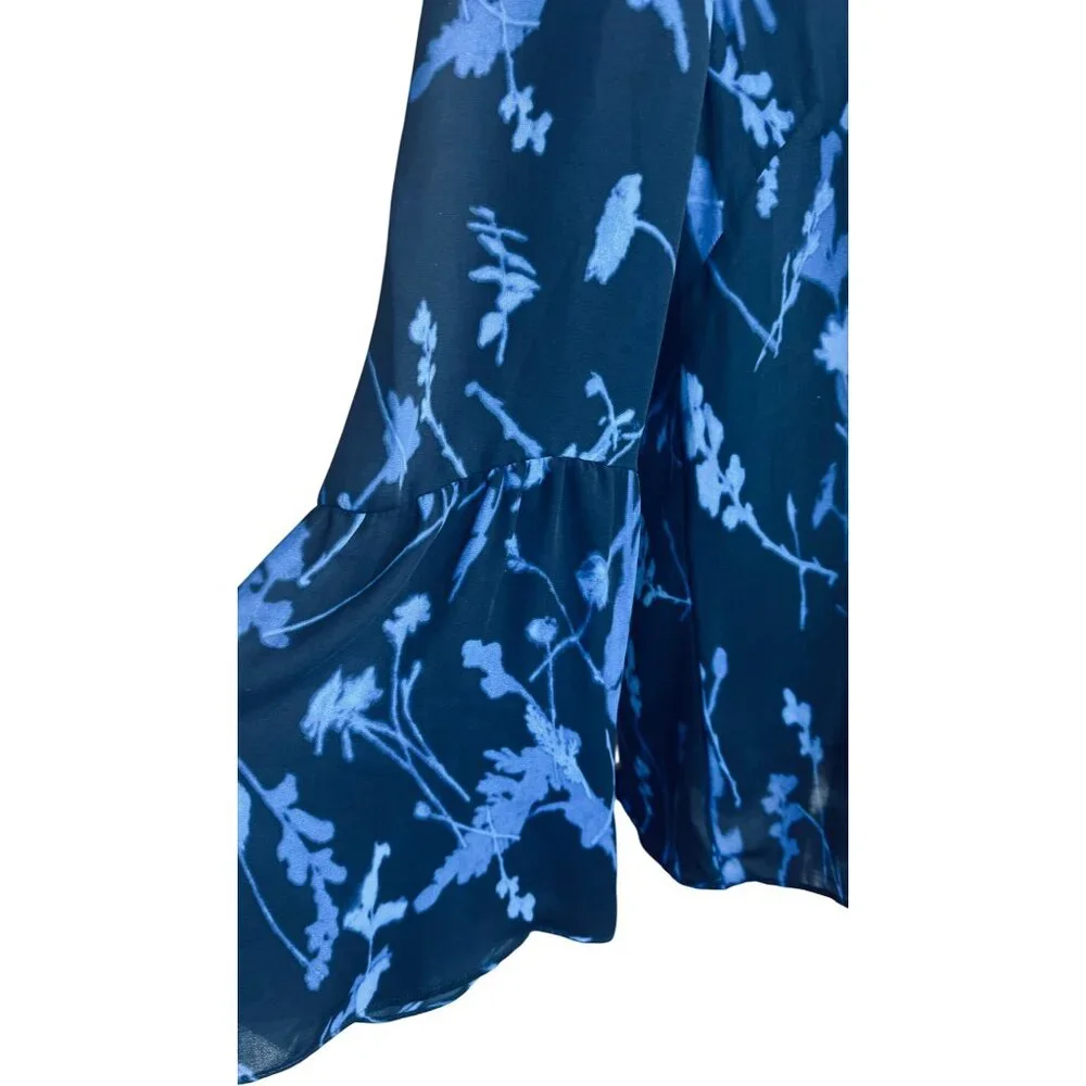 Banana Republic Large Flowy Blue Floral Print Long Bell Sleeve Blouse